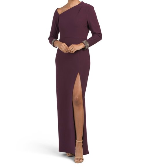 AIDAN MATTOX Wine One Shoulder Gown With Sleeve Details - Picture 1 of 2